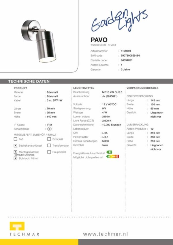 LED-Wandleuchte Pavo Technische Daten
